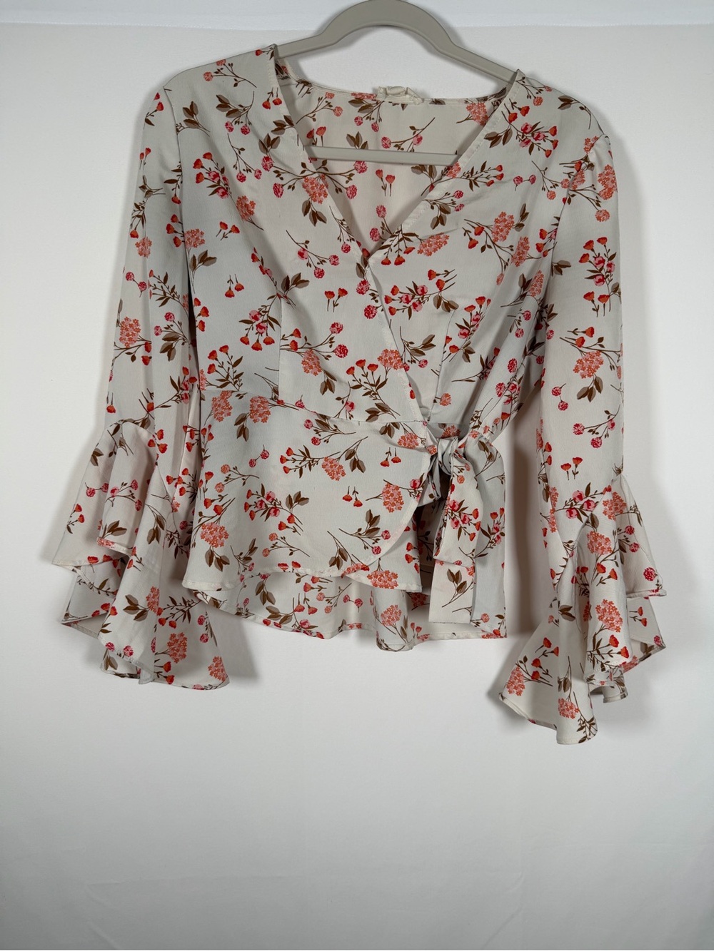 meraki Fairy Cottage Cream Floral Wrap Blouse Flare Sleeve, Autumn, Fall